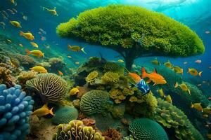 een onderwater- tafereel met kleurrijk vis en koraal. ai-gegenereerd foto