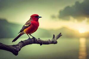 een rood vogel zit Aan een Afdeling in voorkant van de zonsondergang. ai-gegenereerd foto
