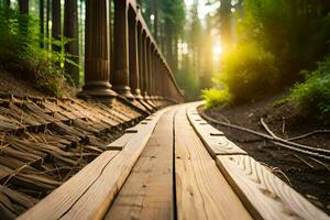 een houten loopbrug in de bossen met de zon schijnt. ai-gegenereerd foto