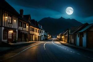 foto behang de lucht, nacht, maan, de weg, huizen, de maan, de weg. ai-gegenereerd