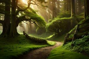 een pad door een groen Woud met bomen en een bank. ai-gegenereerd foto