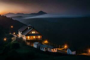 een huis Aan een heuvel met lichten Aan Bij zonsondergang. ai-gegenereerd foto