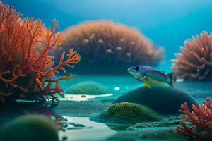 een vis zwemmen in de oceaan met koraal. ai-gegenereerd foto