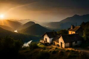 de zon sets over- een huis in de bergen. ai-gegenereerd foto