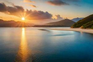 de zon sets over- een strand en bergen. ai-gegenereerd foto