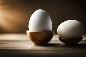 twee eieren in houten ei cups Aan een tafel. ai-gegenereerd foto