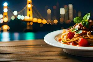 een bord van spaghetti met een visie van de san francisco baai brug. ai-gegenereerd foto