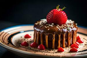 een chocola taart met aardbeien Aan top. ai-gegenereerd foto