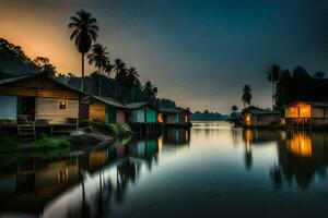 huizen Aan de water Bij schemering. ai-gegenereerd foto