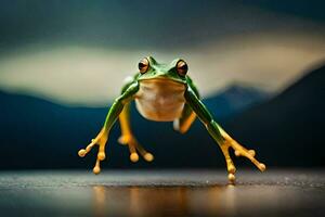 een kikker jumping Aan de grond. ai-gegenereerd foto