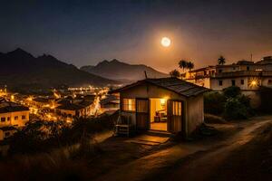 foto behang de maan, nacht, de lucht, de bergen, de dorp, de maan,. ai-gegenereerd