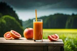 een glas van oranje sap Aan een tafel met een plak van pompelmoes. ai-gegenereerd foto