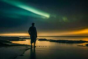 een Mens staand Aan de strand op zoek Bij de Aurora lichten. ai-gegenereerd foto