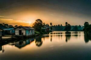 een rivier- met huizen en bomen Bij zonsondergang. ai-gegenereerd foto