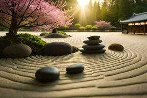 een zen tuin met stenen en bomen. ai-gegenereerd foto