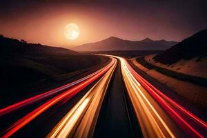 een lang blootstelling foto van een snelweg Bij nacht. ai-gegenereerd