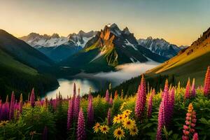 de zon stijgt over- de bergen en de bloemen bloeien in voorkant van de meer. ai-gegenereerd foto