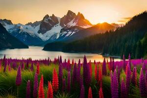 de zon stijgt over- de bergen en de bloemen bloeien in voorkant van de meer. ai-gegenereerd foto