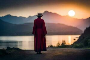 een vrouw in een rood jurk staat Aan een weg Bij zonsondergang. ai-gegenereerd foto