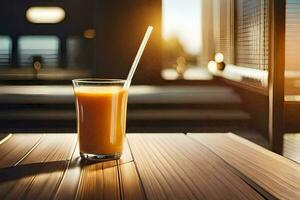 een glas van oranje sap Aan een tafel in voorkant van een venster. ai-gegenereerd foto