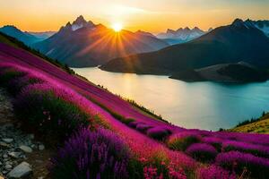 de zon stijgt over- lavendel velden in de bergen. ai-gegenereerd foto