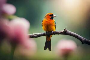 een vogel zit Aan een Afdeling in voorkant van roze bloemen. ai-gegenereerd foto