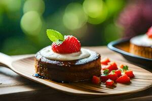 twee cakes met aardbeien Aan top van een houten bord. ai-gegenereerd foto