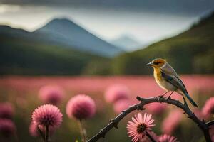 een vogel zit Aan een Afdeling in voorkant van roze bloemen. ai-gegenereerd foto