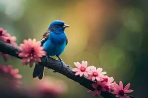 een blauw vogel zit Aan een Afdeling met roze bloemen. ai-gegenereerd foto