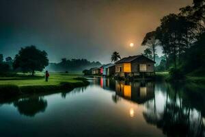 een Mens is staand Aan de bank van een rivier- Bij nacht. ai-gegenereerd foto