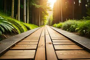 een houten loopbrug in de midden- van een Woud. ai-gegenereerd foto