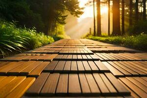 een houten pad in de bossen met de zon schijnt. ai-gegenereerd foto