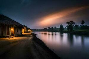 een rivier- en een hut Bij nacht. ai-gegenereerd foto