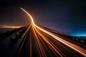 een lang blootstelling foto van een brug Bij nacht. ai-gegenereerd