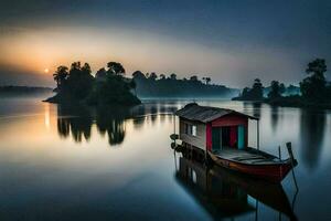 een boot zit Aan de water Bij zonsopkomst. ai-gegenereerd foto