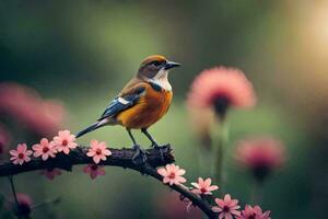 een vogel is neergestreken Aan een Afdeling met roze bloemen. ai-gegenereerd foto