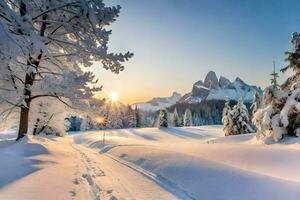 een besneeuwd landschap met bomen en een berg in de achtergrond. ai-gegenereerd foto