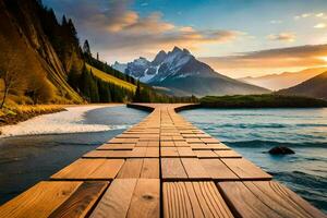 een houten loopbrug Leidt naar een meer en bergen. ai-gegenereerd foto