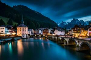 de stad- van Altenburg in de Zwitsers Alpen Bij schemering. ai-gegenereerd foto