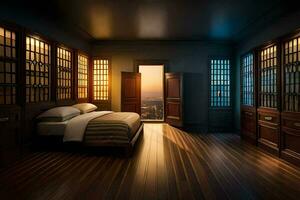 een slaapkamer met een bed en houten vloer. ai-gegenereerd foto