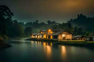 een huis zit Aan de rand van een rivier- Bij nacht. ai-gegenereerd foto