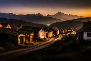 foto behang de lucht, bergen, weg, huizen, de dorp, de zonsondergang. ai-gegenereerd