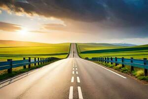 een lang weg met een brug over- een groen veld. ai-gegenereerd foto