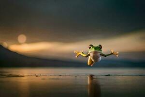 een kikker jumping in de lucht Bij zonsondergang. ai-gegenereerd foto