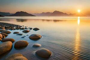 de zon sets over- een strand met rotsen en water. ai-gegenereerd foto