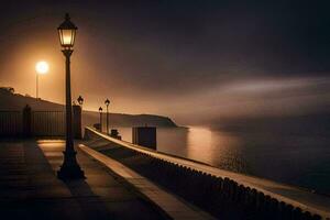 een straat licht is Aan de kant van een pier Bij nacht. ai-gegenereerd foto