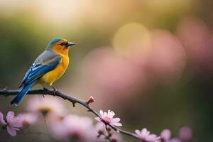 een blauw en geel vogel is neergestreken Aan een Afdeling. ai-gegenereerd foto