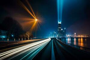 een lang blootstelling fotograaf van een stad Bij nacht. ai-gegenereerd foto