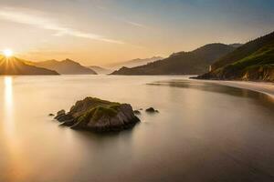 de zon stijgt over- een strand en bergen. ai-gegenereerd foto