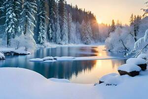 foto behang de lucht, sneeuw, bomen, rivier, zonsondergang, de zon, winter, de. ai-gegenereerd